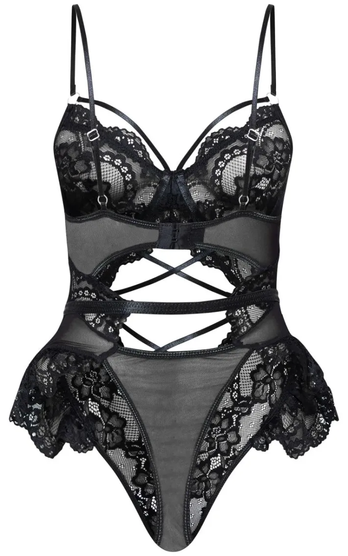 Black Lace Up Floral Lace Lingerie Bodysuit