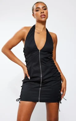 Black Lace Up Side Zip Front Bodycon Dress