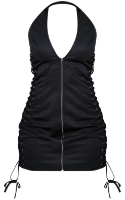 Black Lace Up Side Zip Front Bodycon Dress