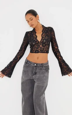 Black Lace V Neck Backless Long Top