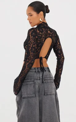 Black Lace V Neck Backless Long Top