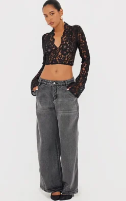 Black Lace V Neck Backless Long Top