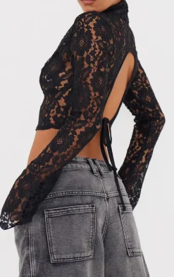 Black Lace V Neck Backless Long Top