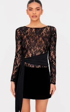Black Lace Wrap Detail Long Sleeve Bodysuit