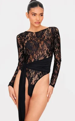Black Lace Wrap Detail Long Sleeve Bodysuit