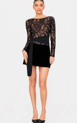 Black Lace Wrap Detail Long Sleeve Bodysuit