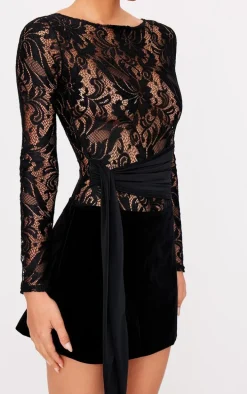Black Lace Wrap Detail Long Sleeve Bodysuit