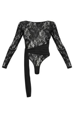 Black Lace Wrap Detail Long Sleeve Bodysuit