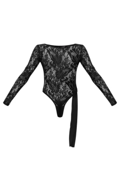 Black Lace Wrap Detail Long Sleeve Bodysuit