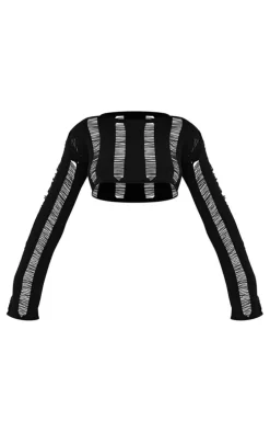 Black Laddering Knit Long Sleeve Crop Top