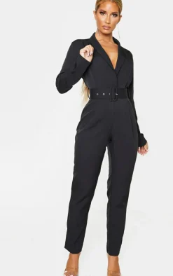 Black Lapel Detail Belted Jumpsuit