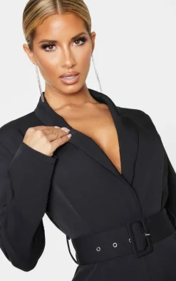 Black Lapel Detail Belted Jumpsuit