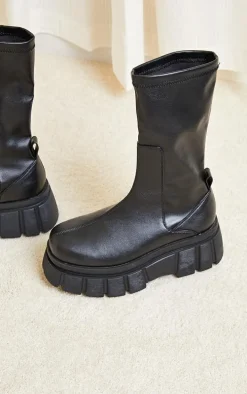 Black Large Cleat Extra Chunky Sole PU Sock Boots