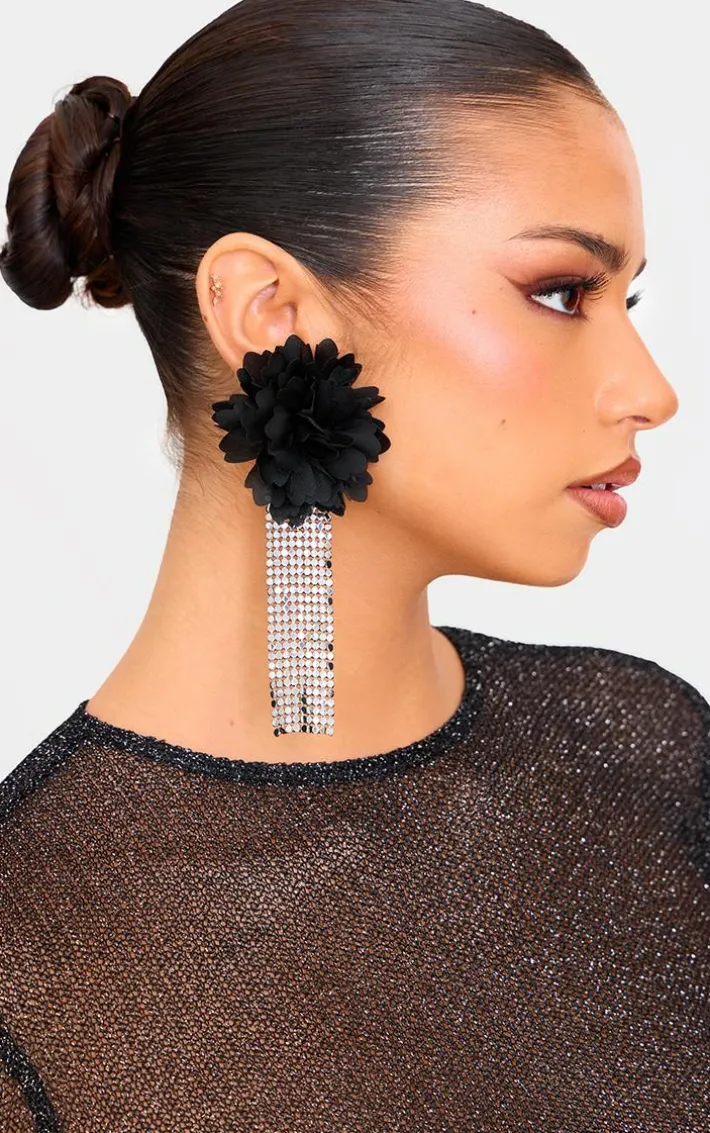 Black Large Floral Chain Tassel Statement Earrings