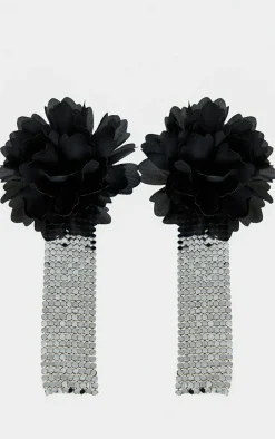 Black Large Floral Chain Tassel Statement Earrings