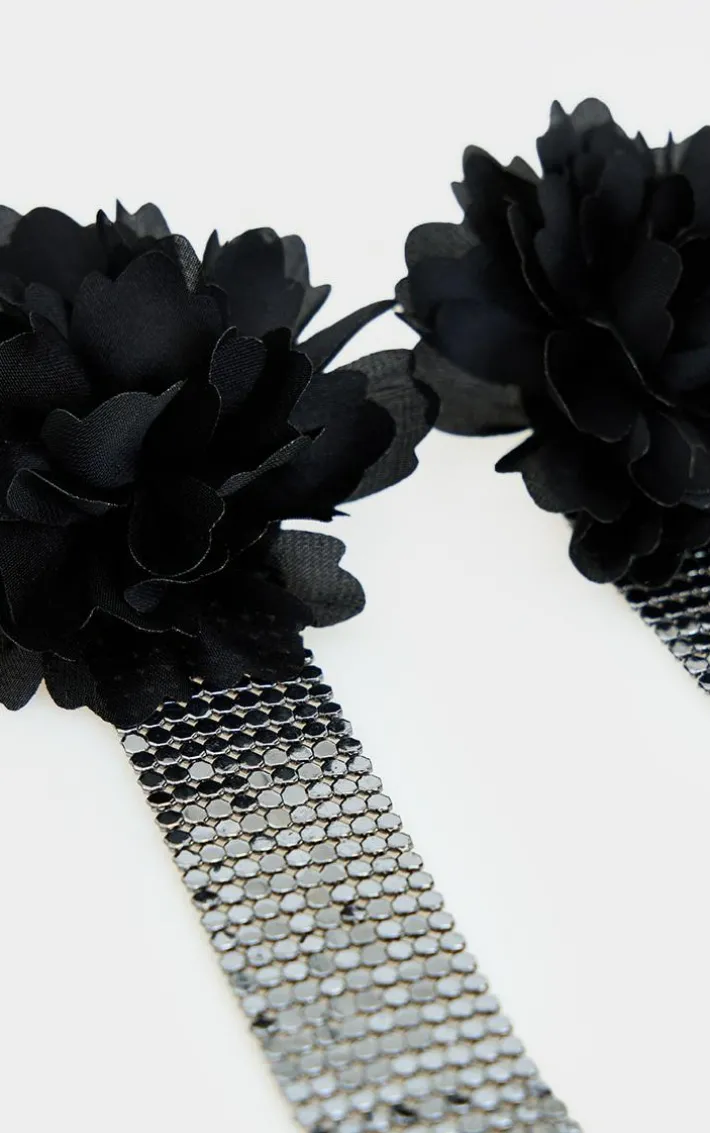 Black Large Floral Chain Tassel Statement Earrings