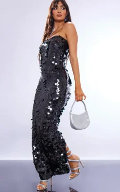 Black Large Sequin Bandeau Maxi Dress