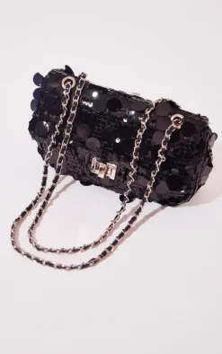 Black Large Sequin Flap Over Cross Body Shoulder Bag
