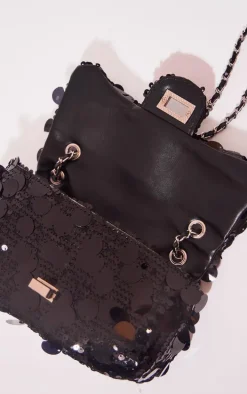 Black Large Sequin Flap Over Cross Body Shoulder Bag