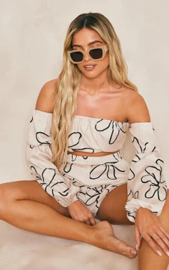 Black Leaf Print Linen Look Bardot Puff Sleeve Beach Top