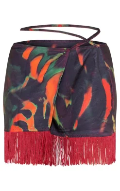 Black Leaf Print Tassel Hem Wrap Mini Skirt