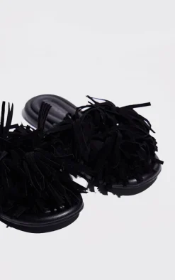 Black Leather Round Toe Faux Suede Tassel Strap Flat Sandals