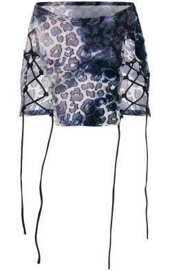 Black Leopard Lace Up Detail Devore Mini Skirt