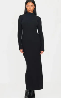 Black Light Rib Knit Long Sleeve Maxi Dress