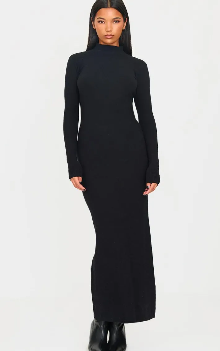 Black Light Rib Knit Long Sleeve Maxi Dress