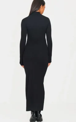 Black Light Rib Knit Long Sleeve Maxi Dress