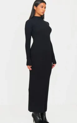Black Light Rib Knit Long Sleeve Maxi Dress