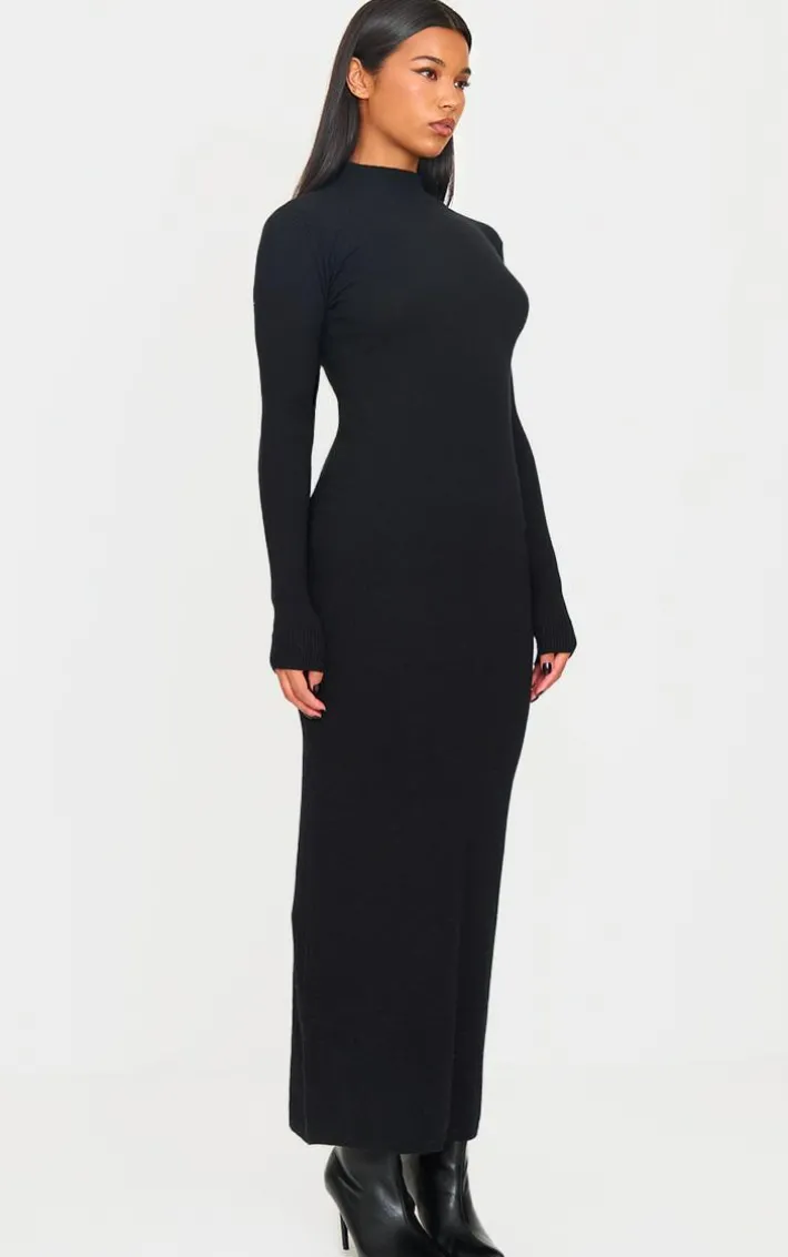 Black Light Rib Knit Long Sleeve Maxi Dress