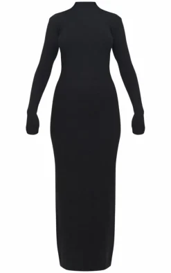 Black Light Rib Knit Long Sleeve Maxi Dress