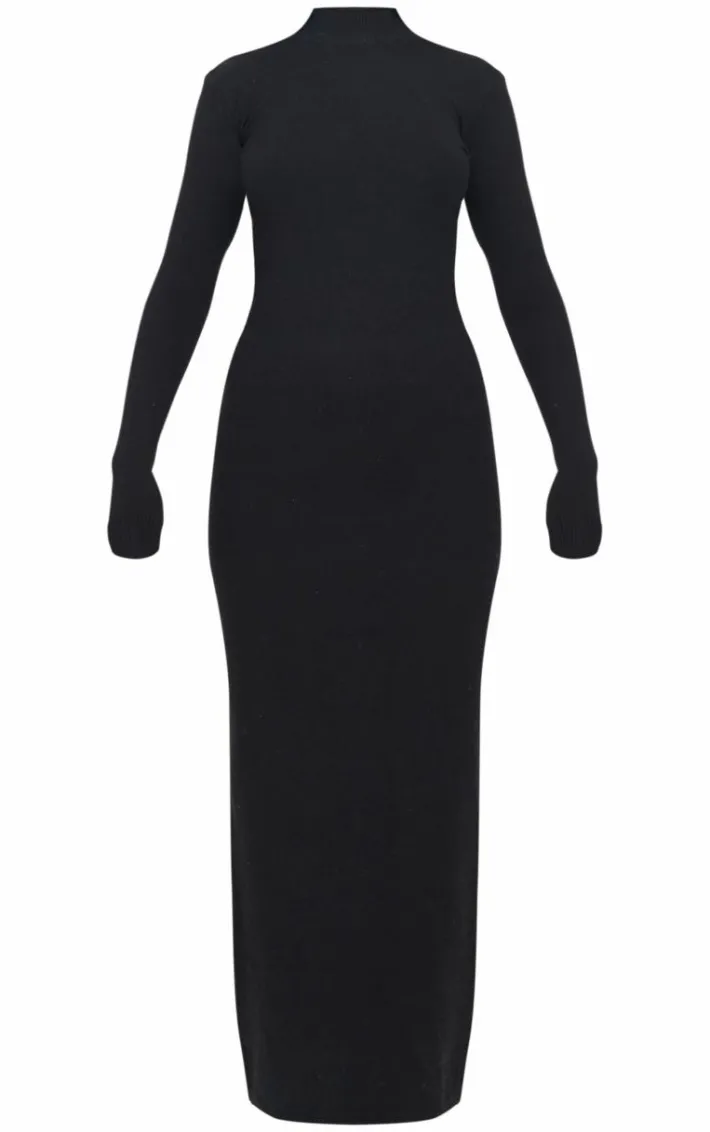 Black Light Rib Knit Long Sleeve Maxi Dress