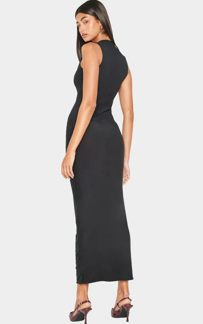 Black Lined Mesh Asymmetrical Knotted Midaxi Dress