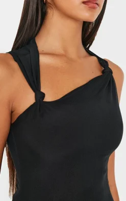 Black Lined Mesh Asymmetrical Knotted Midaxi Dress