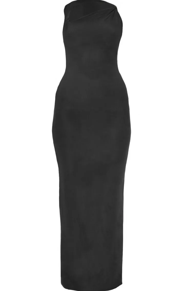Black Lined Mesh Asymmetrical Knotted Midaxi Dress