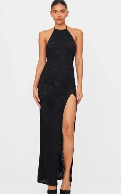 Black Lined Mesh Diamante Detail Split Maxi Dress