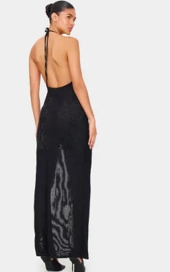 Black Lined Mesh Diamante Detail Split Maxi Dress