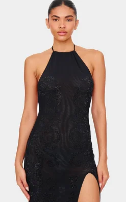 Black Lined Mesh Diamante Detail Split Maxi Dress