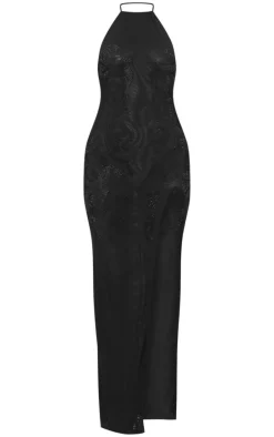 Black Lined Mesh Diamante Detail Split Maxi Dress