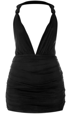 Black Lined Mesh Knotted Bodycon Dress