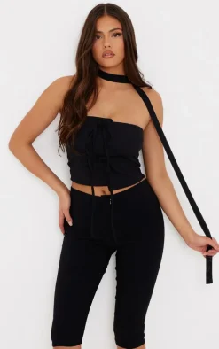 Black Linen Bow Front Scarf Bandeau Top