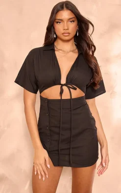 Black Linen Cut Out Waist Button Skirt Shirt Dress