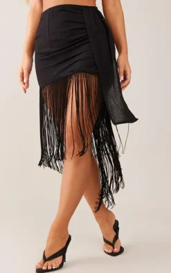 Black Linen Feel Fringe Asymmetric Skirt