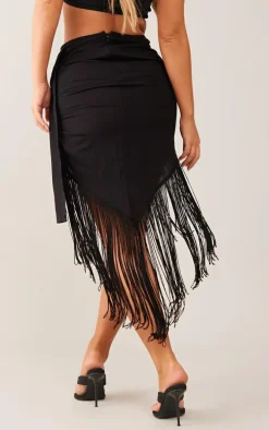 Black Linen Feel Fringe Asymmetric Skirt