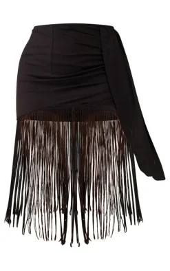Black Linen Feel Fringe Asymmetric Skirt