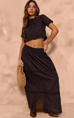 Black Linen Look Broderie Detail Short Sleeve Shirt