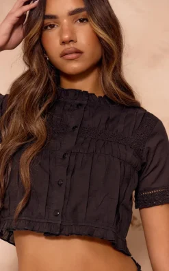 Black Linen Look Broderie Detail Short Sleeve Shirt