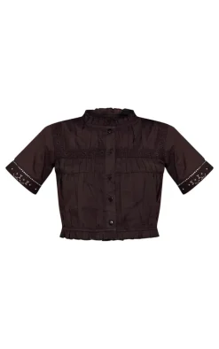 Black Linen Look Broderie Detail Short Sleeve Shirt